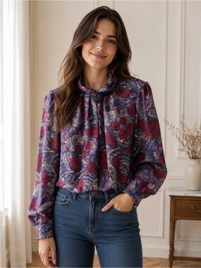 Vintage Peter’s & Ashley Women’s Floral Paisley Bow-Tie Blouse - Purple & Red